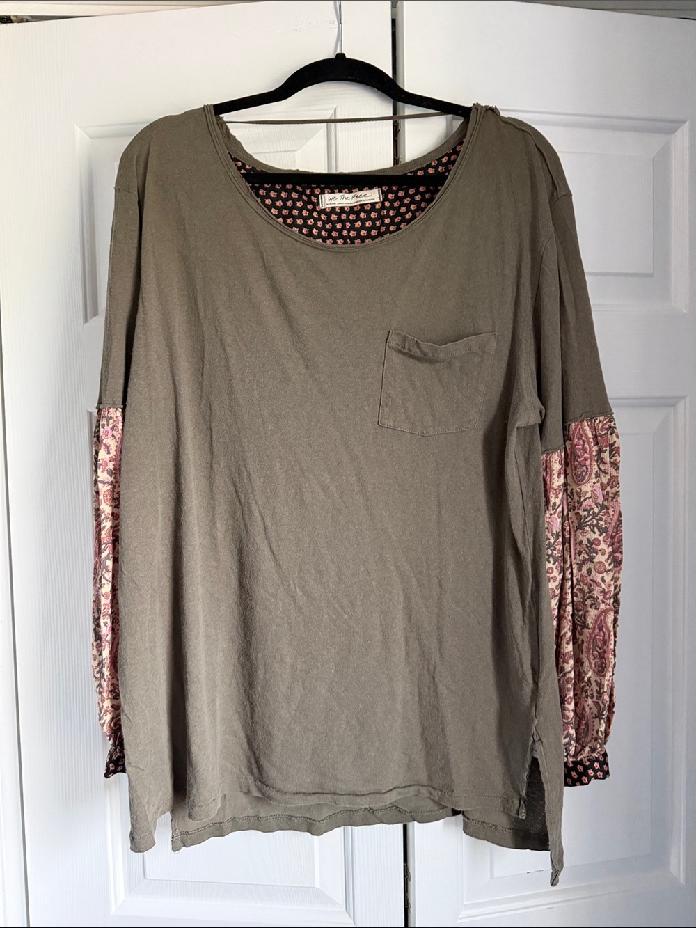 We The Free Olive Long Sleeve Top with Pink Paisley Sleeves